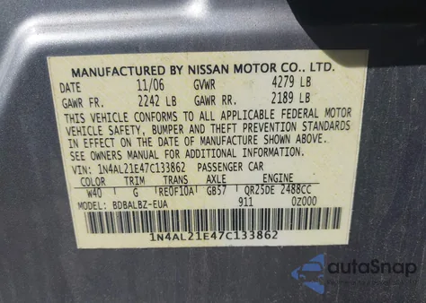 2007 Nissan Altima 2.5 S z USA, uszkodzony, nr VIN 1N4AL21E47C133862